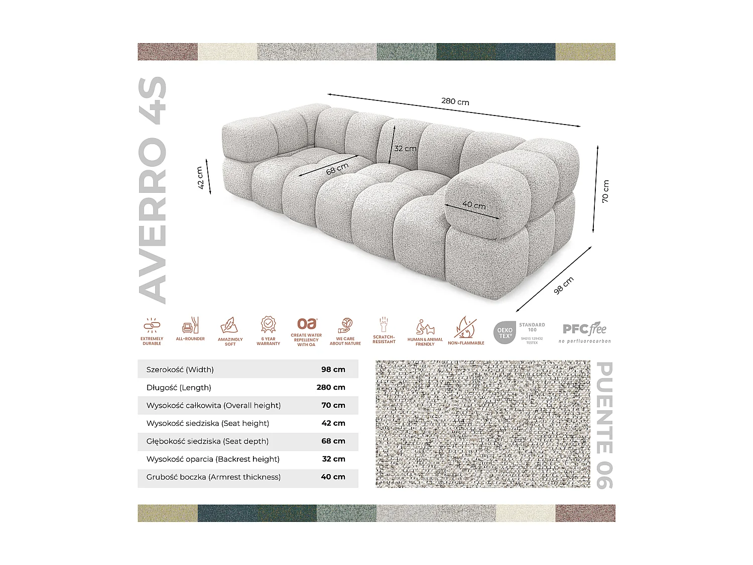 Design 4-Sitzer Sofa ALVERO 280 cm – Puente Hellgrau 06 – Strukturstoff Premium – HR-Schaum