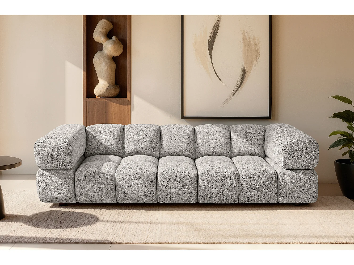 Canapé 4 places capitonné en tissu bouclé gris clair 280 cm - ALVERO 4S