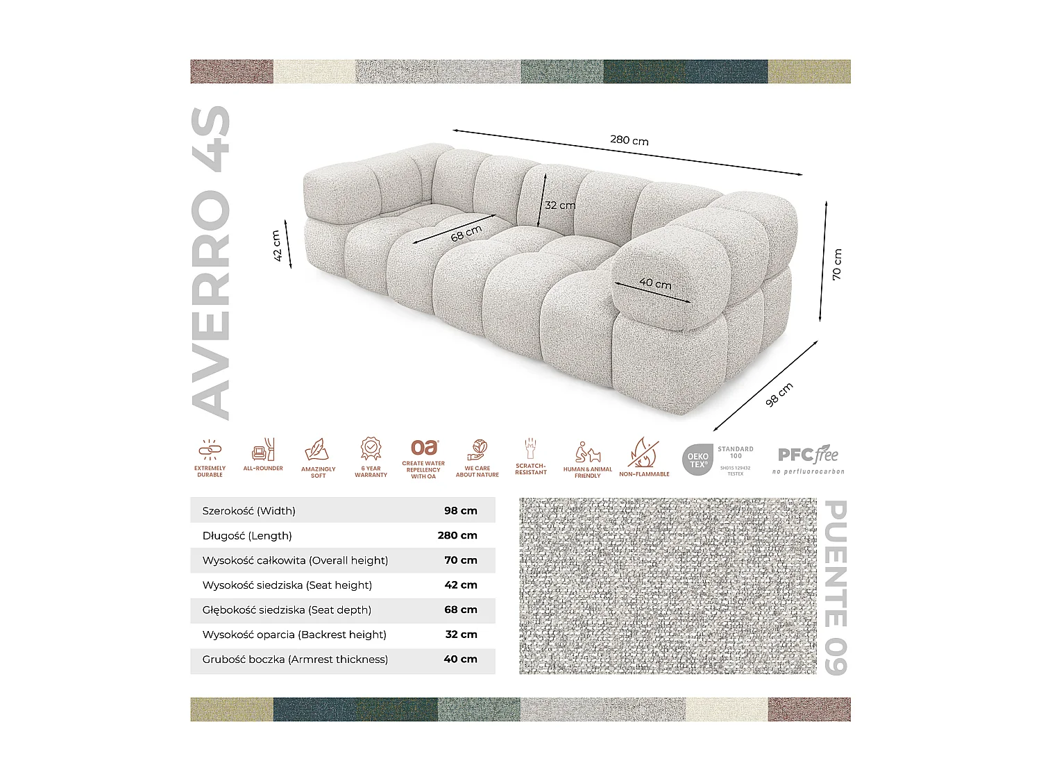 Design 4-Sitzer Sofa ALVERO 280 cm – Puente Beigegrau 09 – Strukturstoff Premium – HR-Schaum
