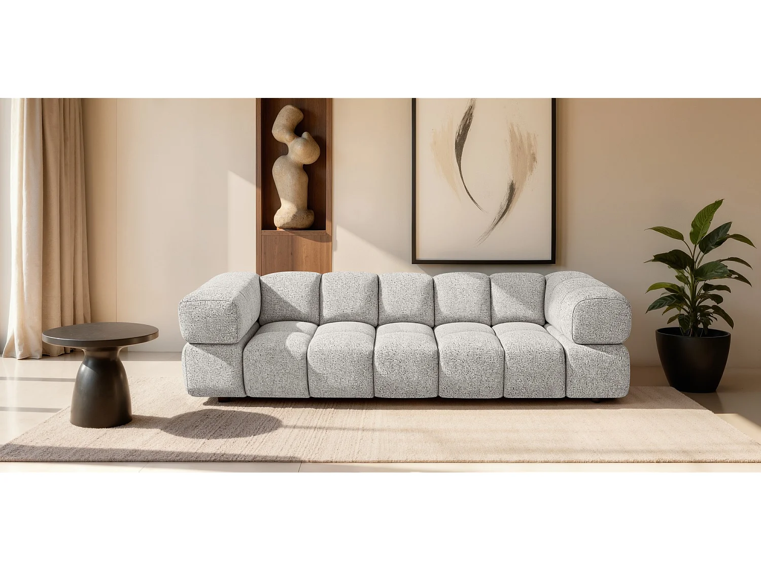 Canapé 4 places capitonné en tissu bouclé beige 280 cm - ALVERO 4S