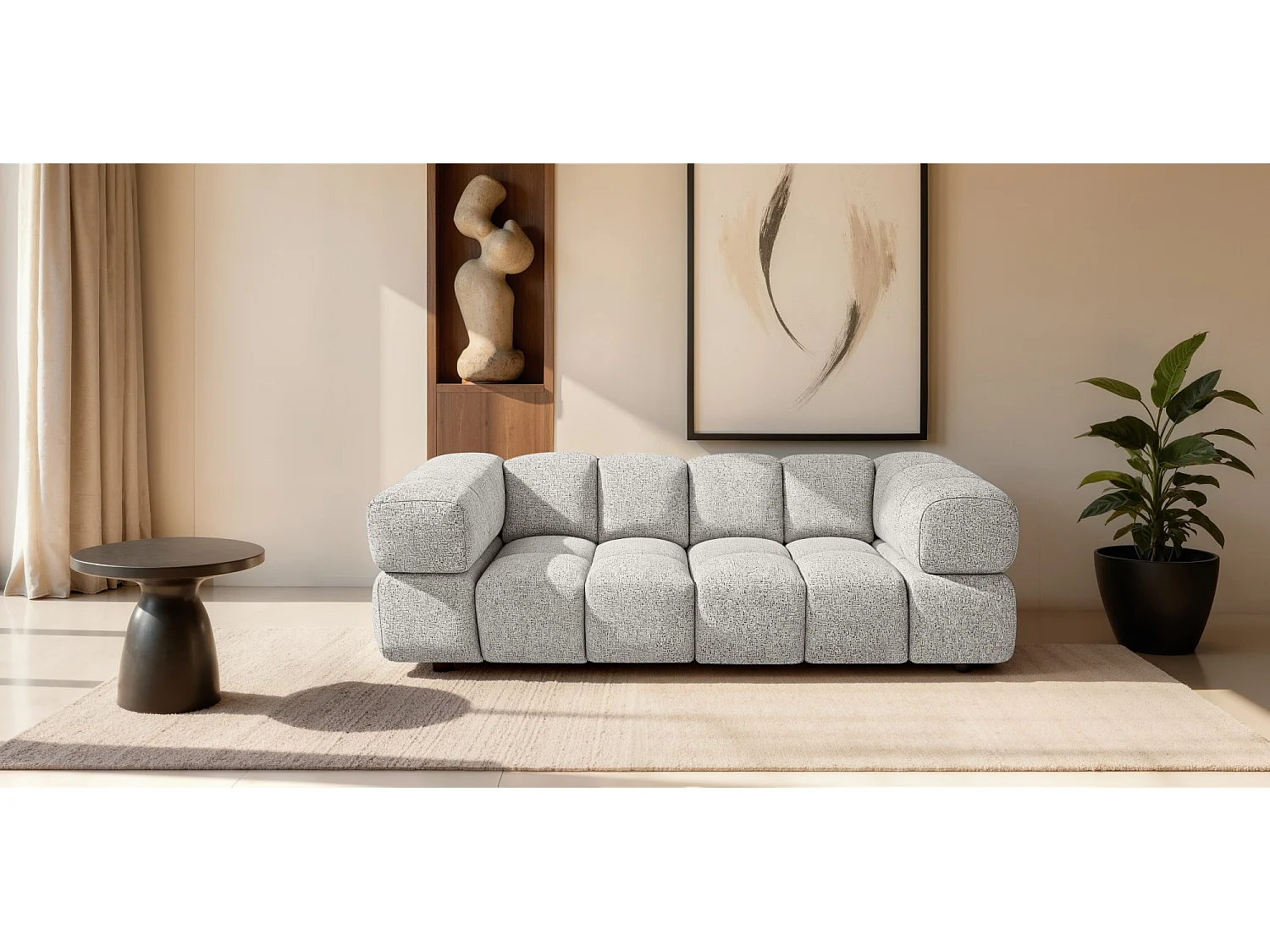 Canapé 3 places capitonné en tissu bouclé beige 240 cm - ALVERO 3S