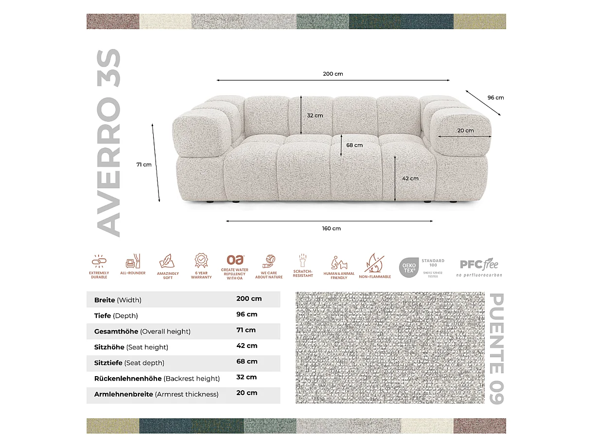 Canapé 3 places capitonné en tissu bouclé beige 240 cm - ALVERO 3S