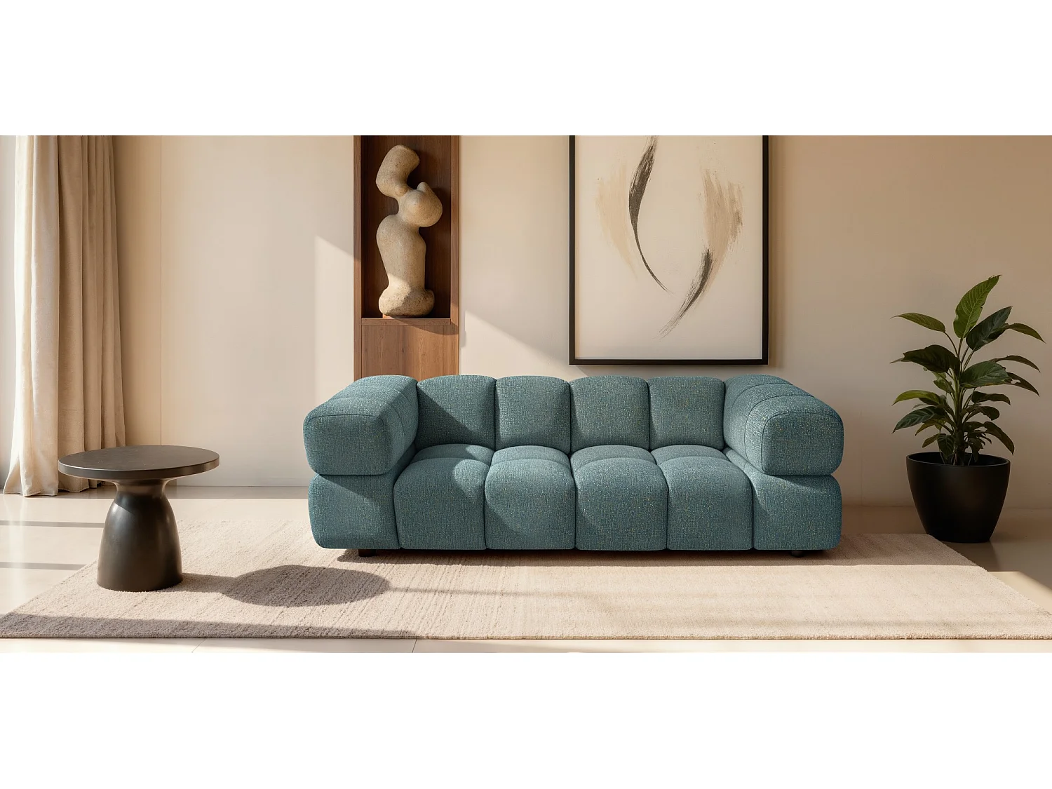 Canapé 3 places capitonné en tissu bouclé vert 240 cm - ALVERO 3S