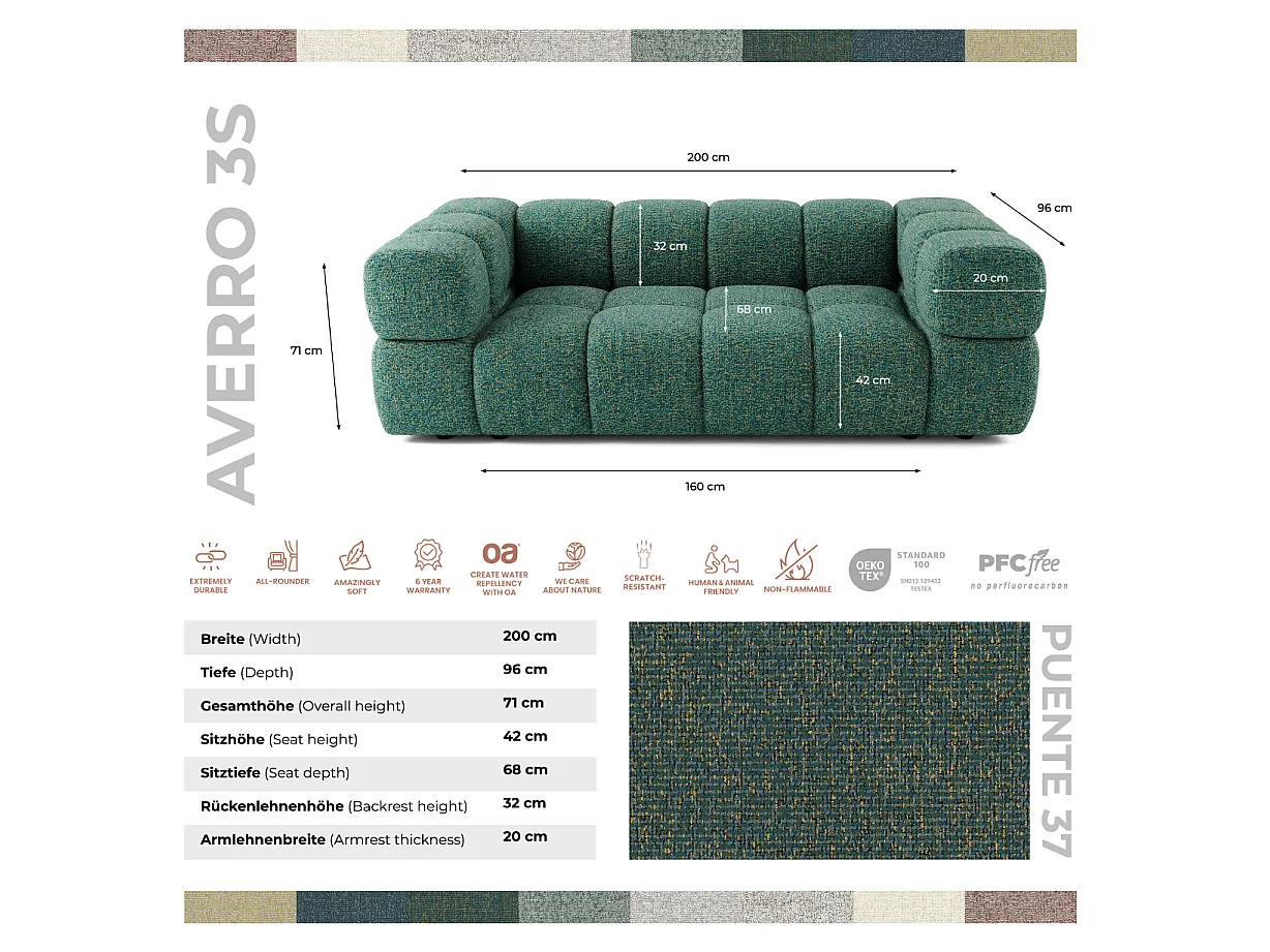 Canapé 3 places capitonné en tissu bouclé vert 240 cm - ALVERO 3S