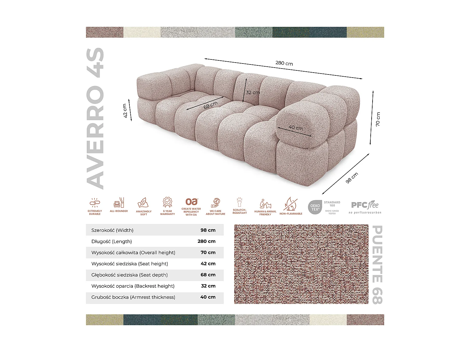 Design 4-Sitzer Sofa ALVERO 280 cm – Puente Altrosa 68 – Strukturstoff Premium – HR-Schaum