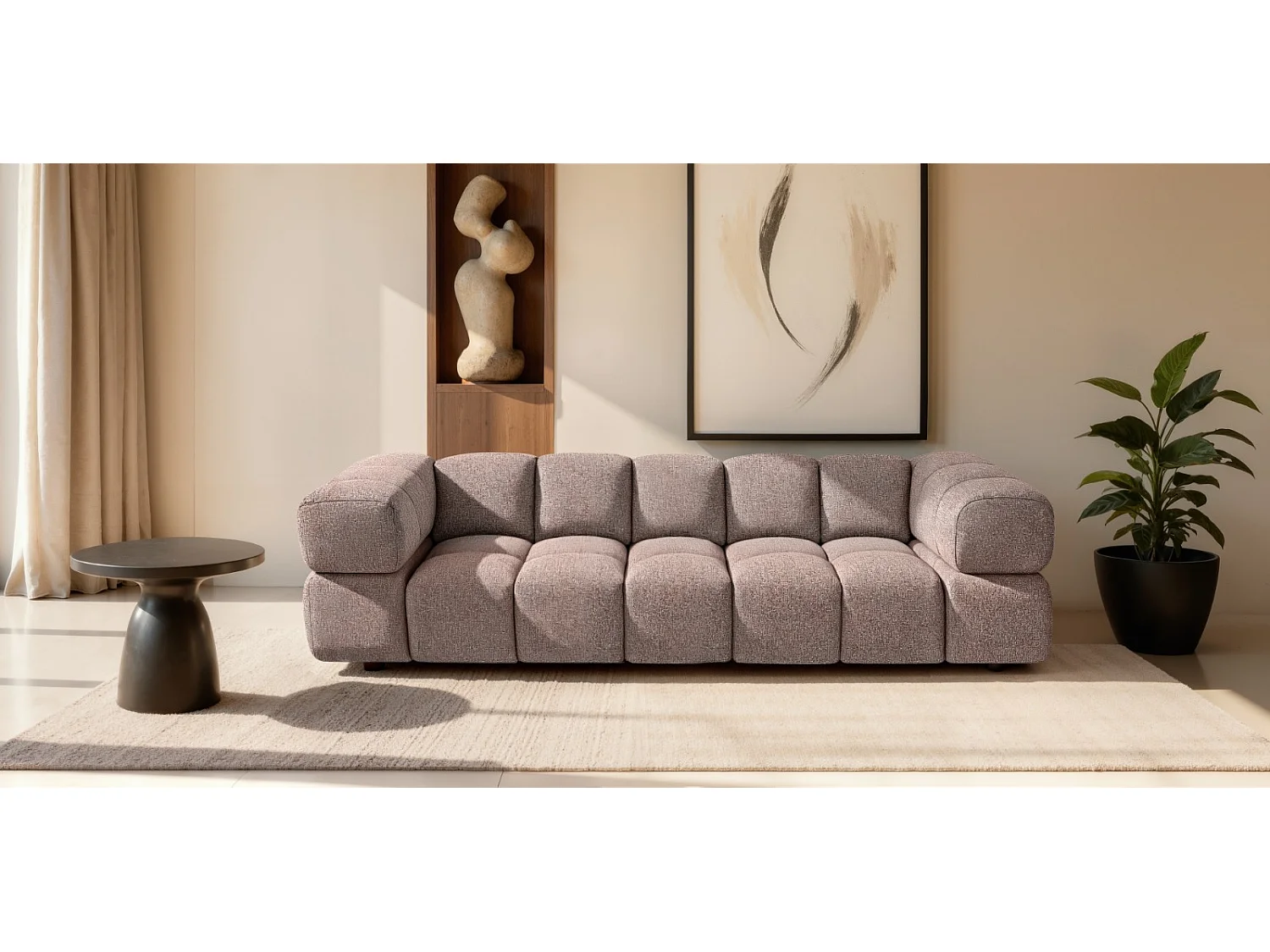 Canapé 4 places capitonné en tissu bouclé rose poudré 280 cm - ALVERO 4S