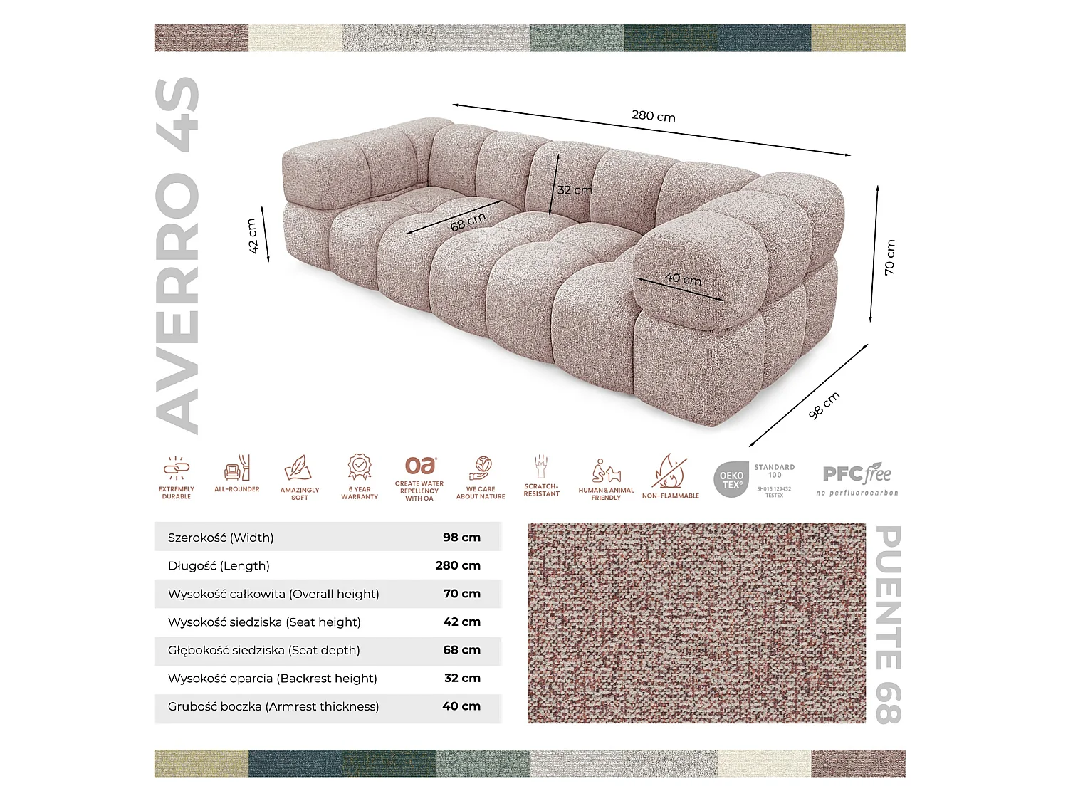 Canapé 4 places capitonné en tissu bouclé rose poudré 280 cm - ALVERO 4S
