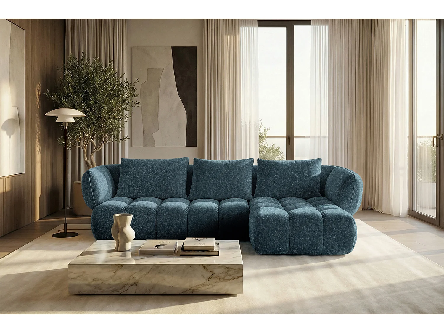Nowoczesna Narożna Sofa w Błękitnym Aksamicie SAVIO 250 cm - Luksusowy Design z Pianką o Wysokiej Elastyczności