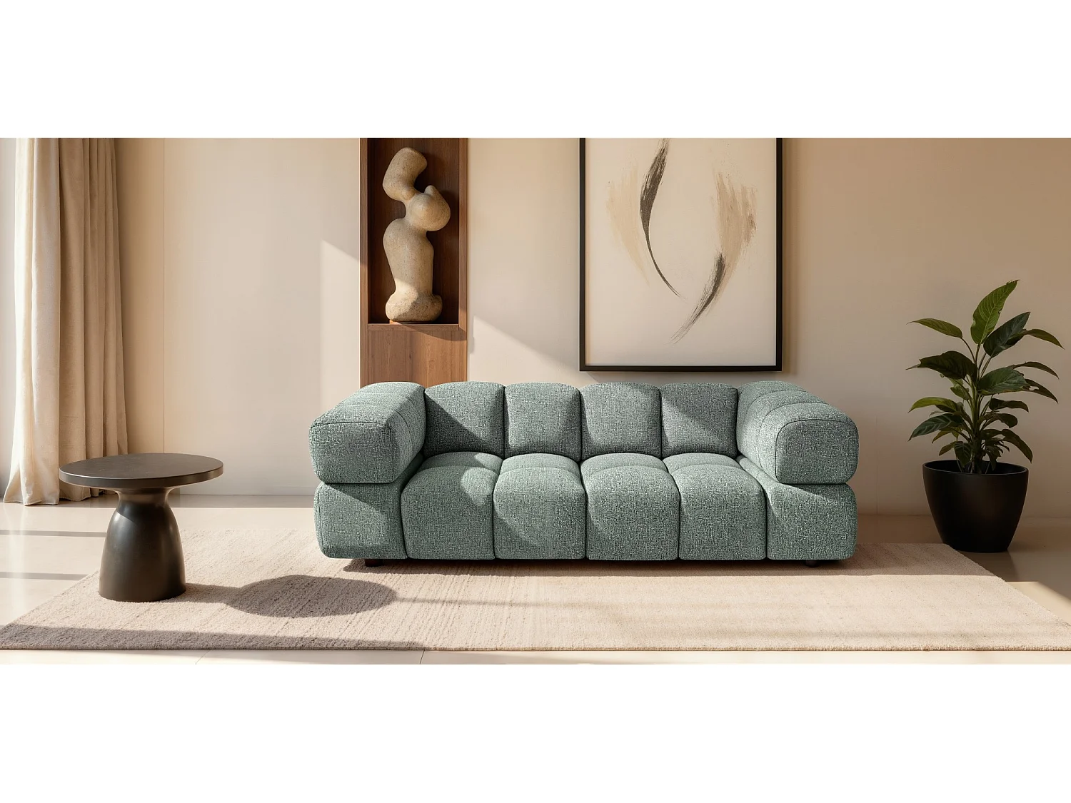 Canapé 3 places capitonné en tissu bouclé vert amande 240 cm - ALVERO 3S