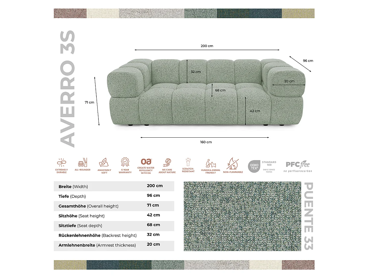 Canapé 3 places capitonné en tissu bouclé vert amande 240 cm - ALVERO 3S