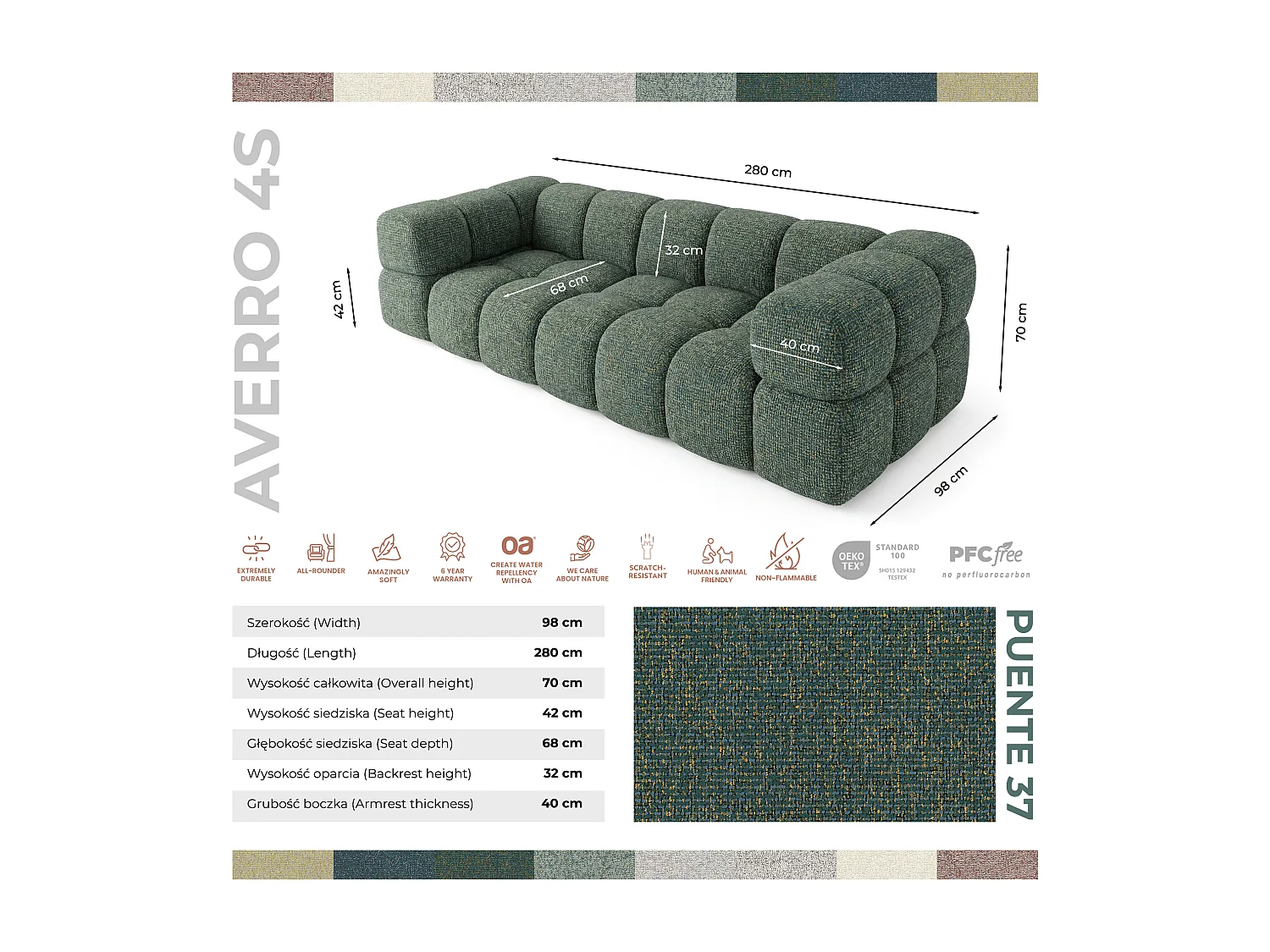 Design 4-Sitzer Sofa ALVERO 280 cm – Puente Dunkelgrün 37 – Strukturstoff Premium – HR-Schaum
