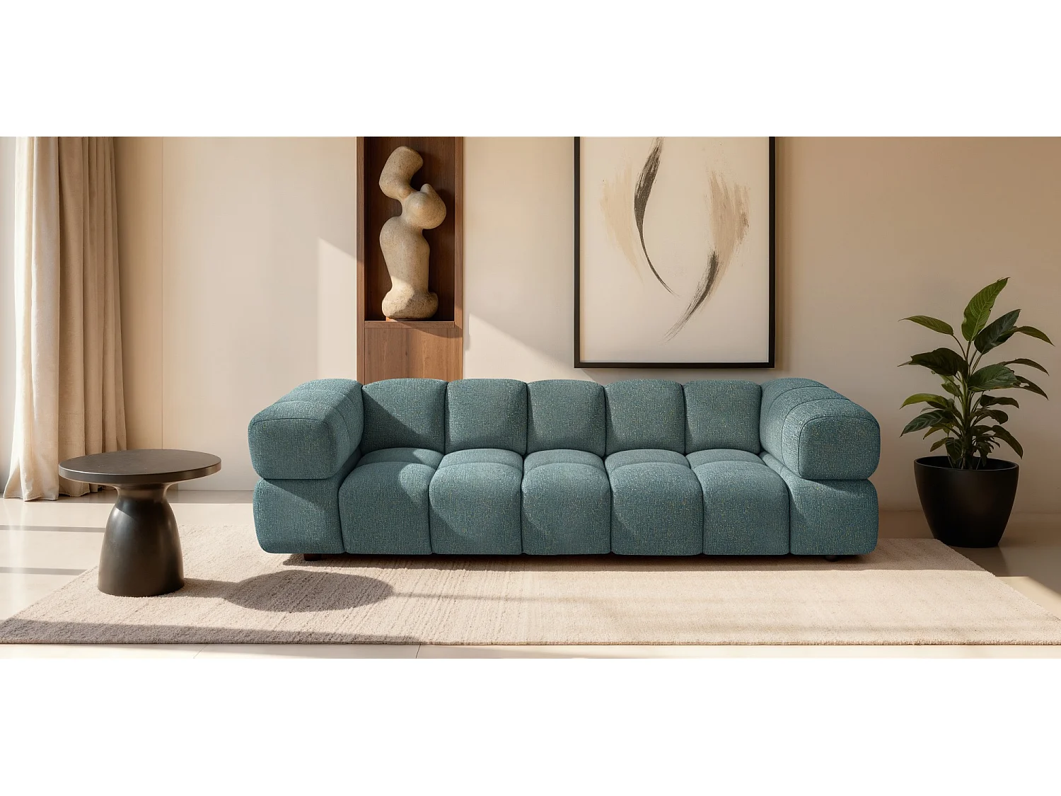 Canapé 4 places capitonné en tissu bouclé vert 280 cm - ALVERO 4S