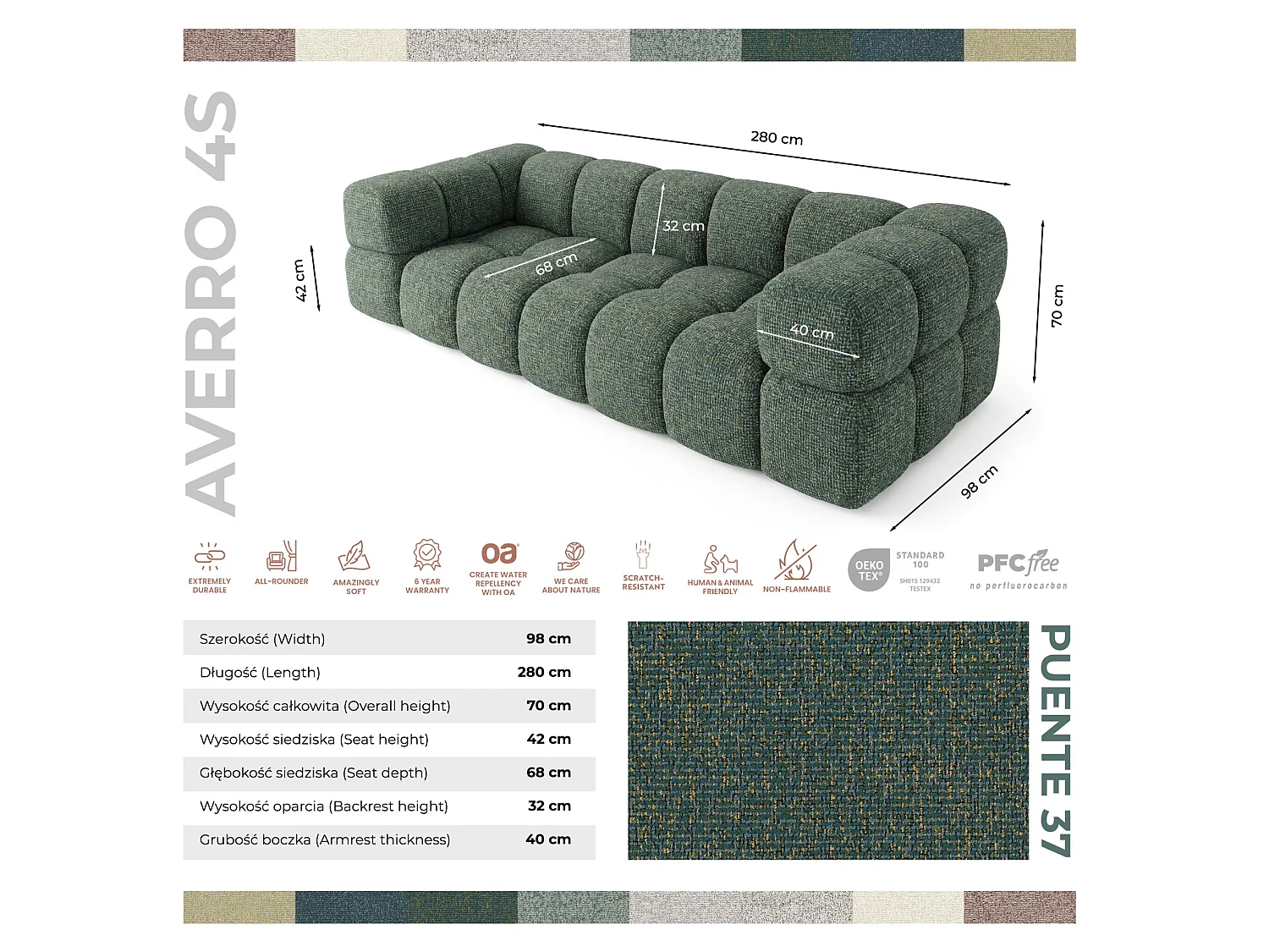 Canapé 4 places capitonné en tissu bouclé vert 280 cm - ALVERO 4S