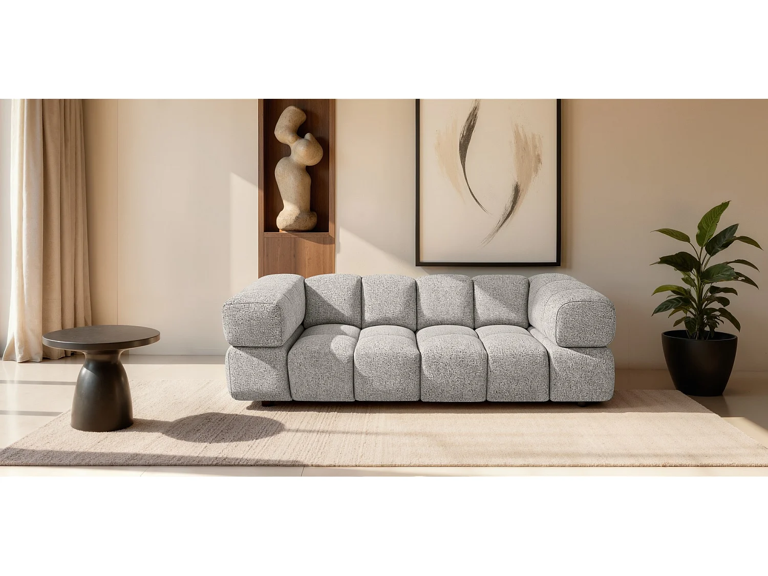 Canapé 3 places capitonné en tissu bouclé gris clair 240 cm - ALVERO 3S