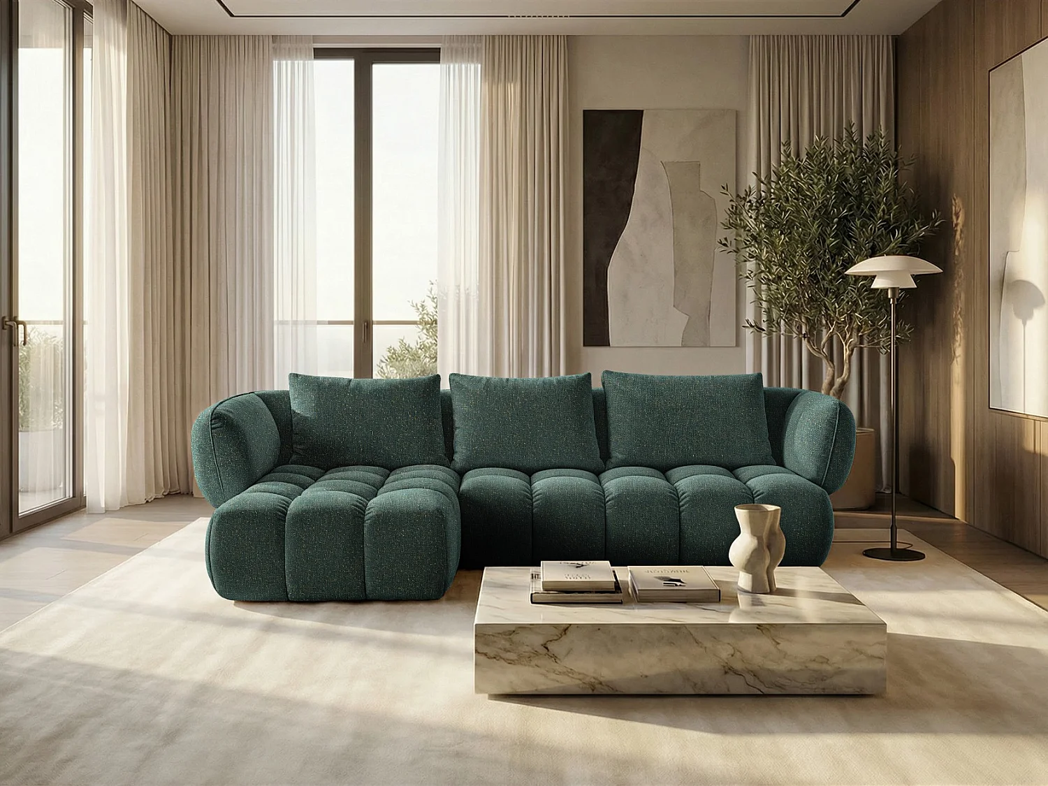 Canapé d'angle gauche en tissu bouclé vert 250 cm - SAVIO