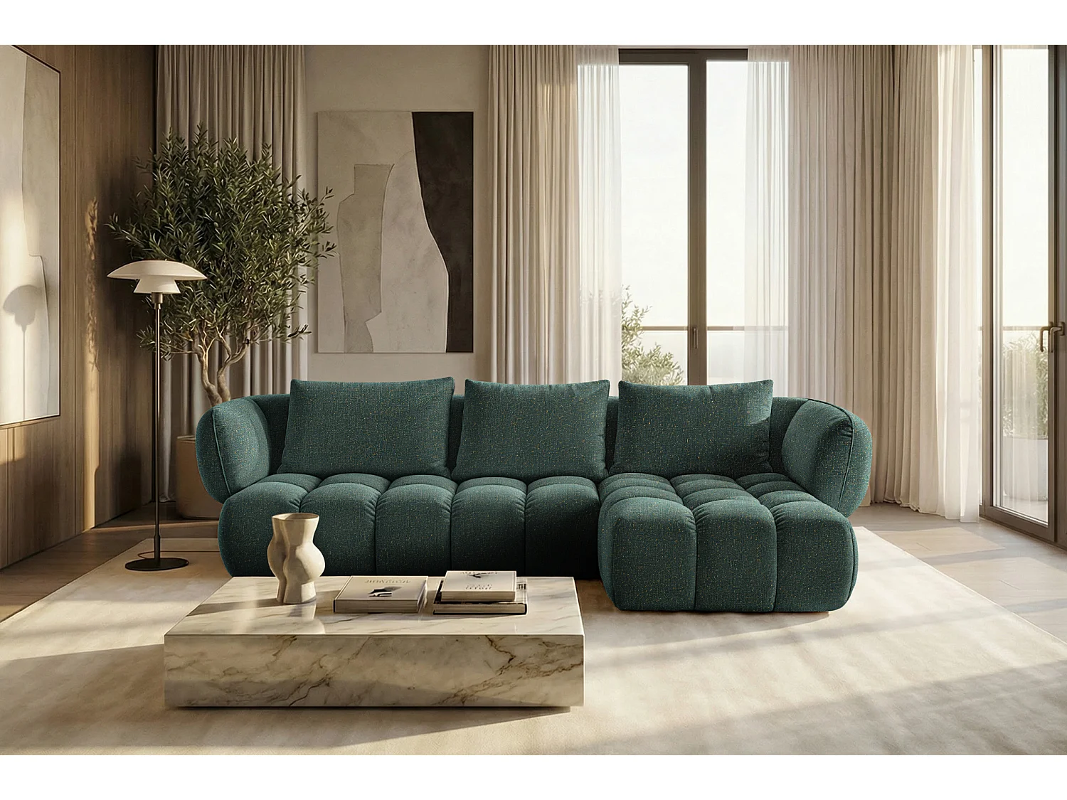 Canapé d'angle droit en tissu bouclé vert 250 cm - SAVIO