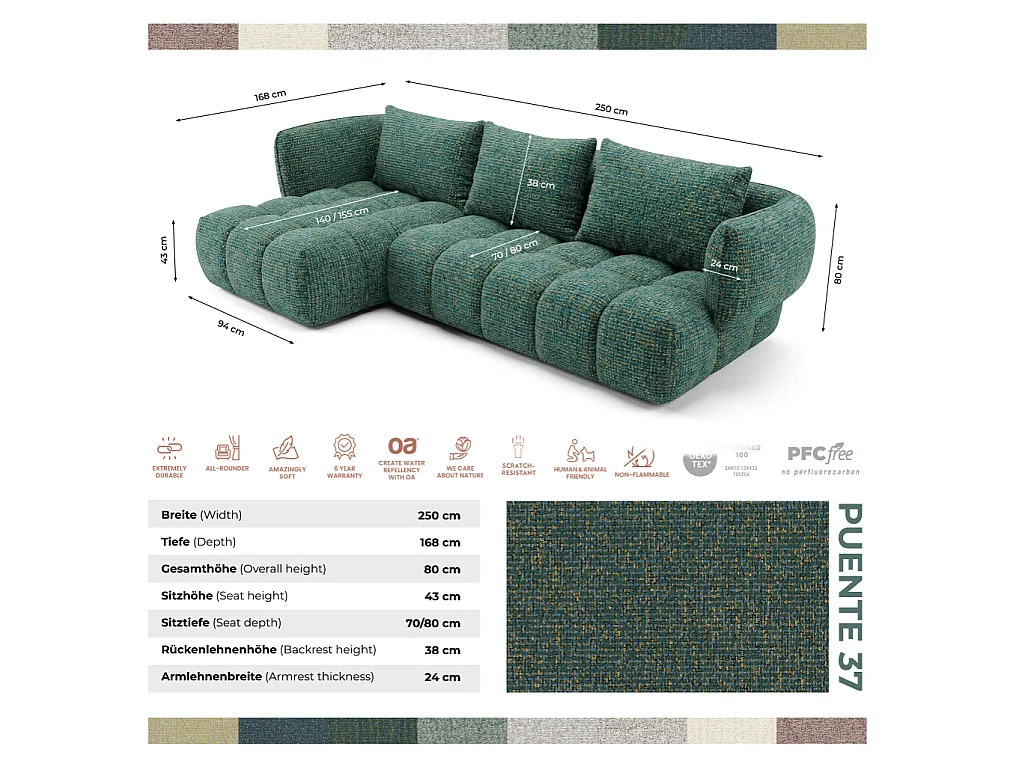 Canapé d'angle droit en tissu bouclé vert 250 cm - SAVIO