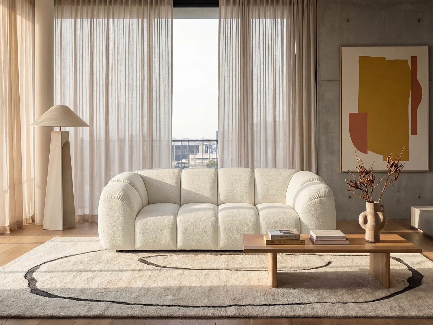 Canapé 3 places capitonné en tissu bouclé blanc cassé 240 cm - MALI 3S