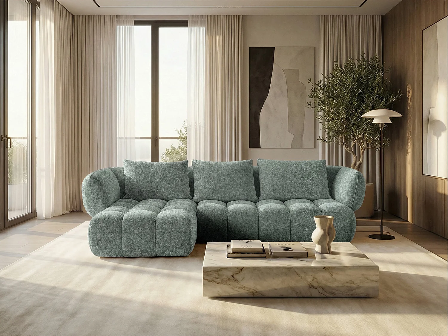 Canapé d'angle gauche en tissu bouclé vert amande 250 cm - SAVIO