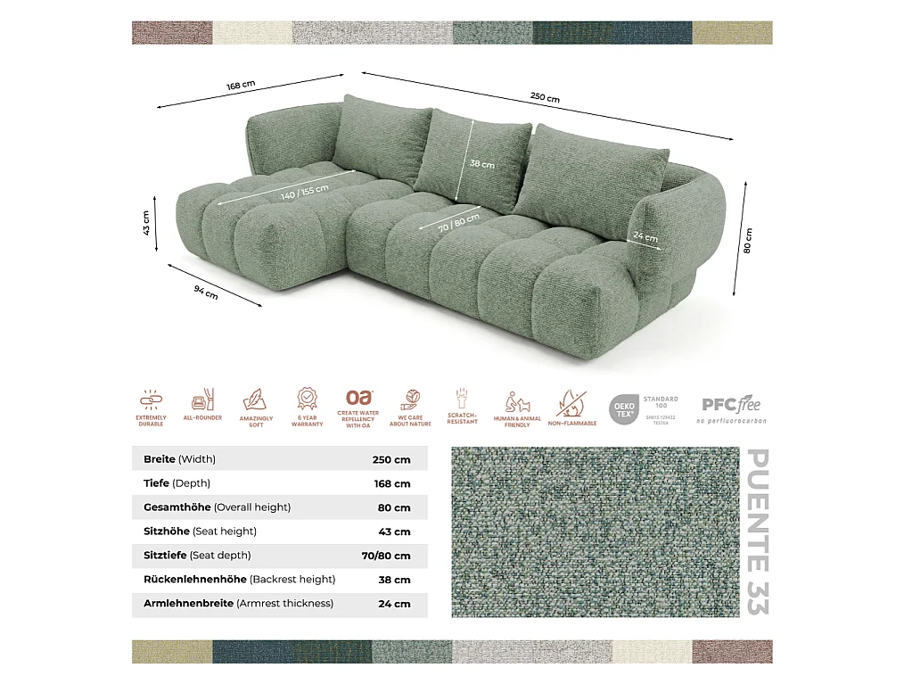 Canapé d'angle gauche en tissu bouclé vert amande 250 cm - SAVIO