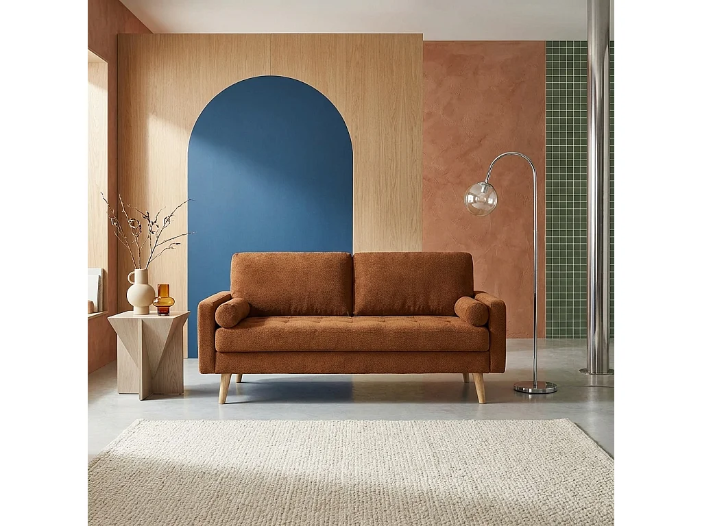 Canapé tissu chenille capitonné 3 places terracotta - Ivar