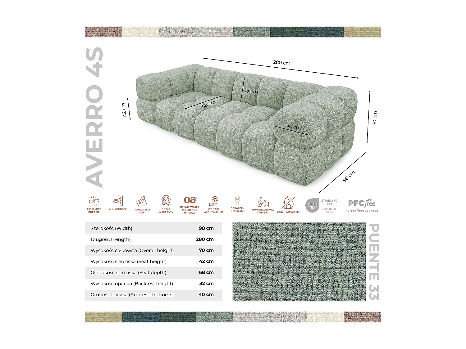 Design 4-Sitzer Sofa ALVERO 280 cm –Puente Salbeigrün 33  – Strukturstoff Premium – HR-Schaum