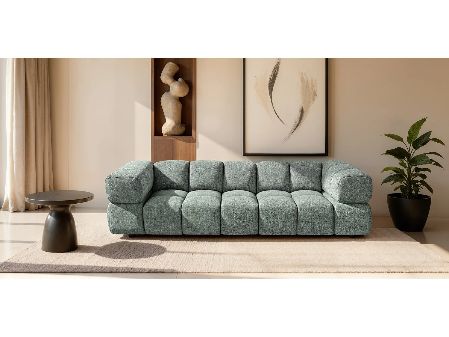 Canapé 4 places capitonné en tissu bouclé vert amande 280 cm - ALVERO 4S
