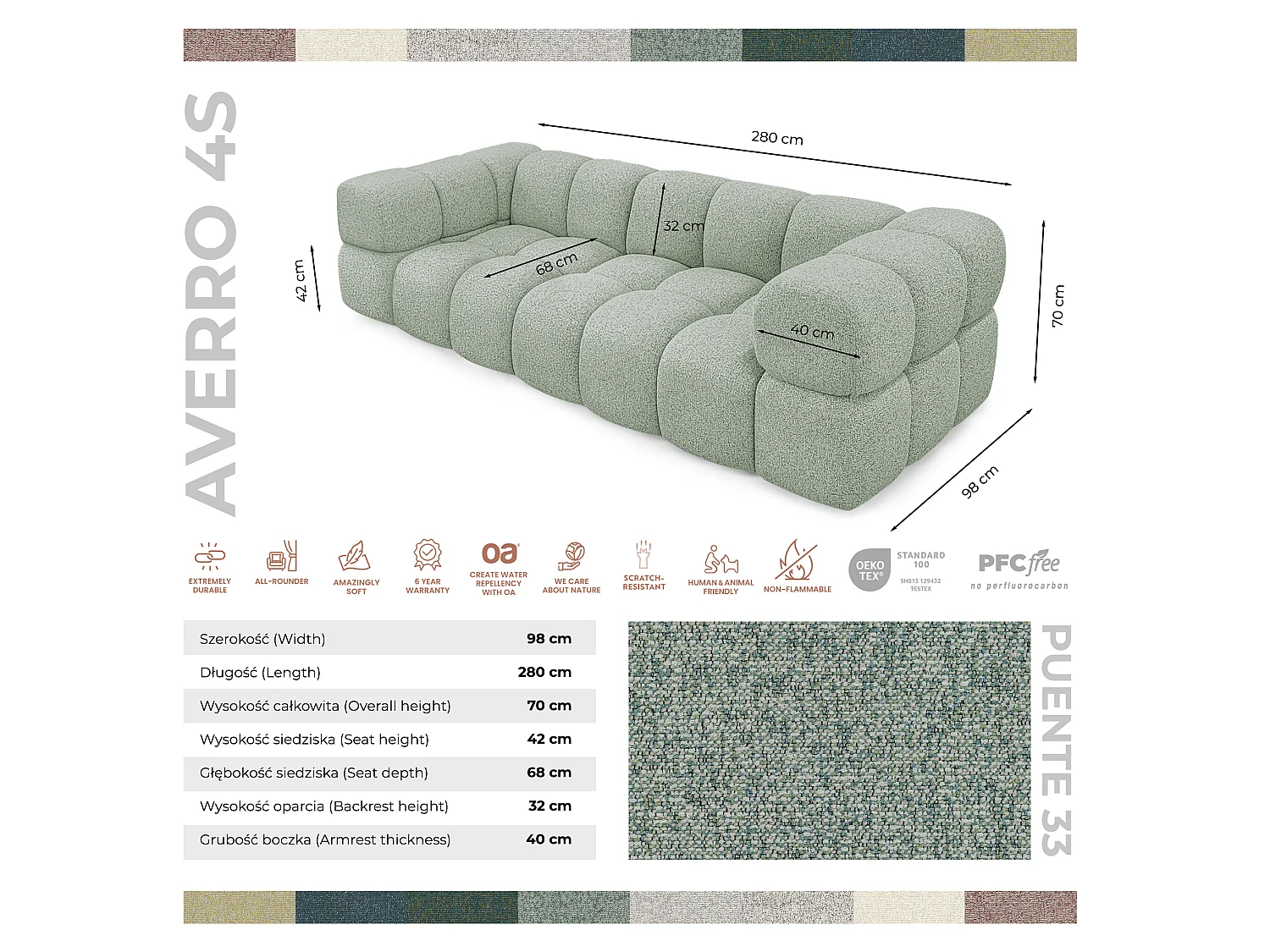 Canapé 4 places capitonné en tissu bouclé vert amande 280 cm - ALVERO 4S