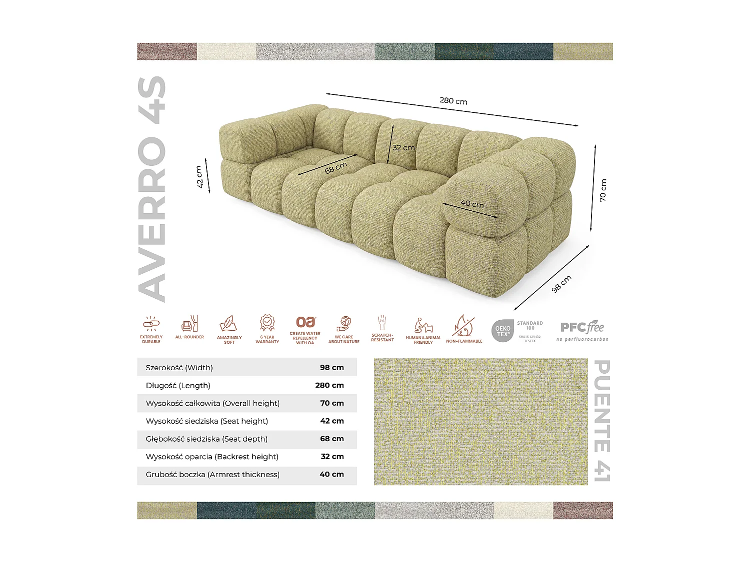 Design 4-Sitzer Sofa ALVERO 280 cm – Puente Senfgelb 41 – Strukturstoff Premium – HR-Schaum
