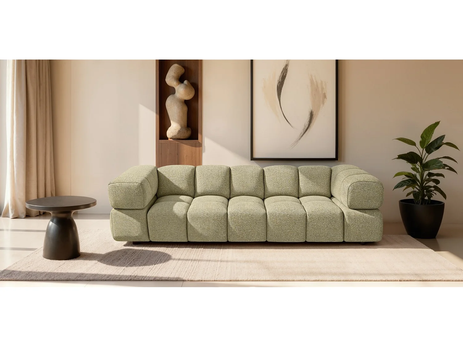 Canapé 4 places capitonné en tissu bouclé jaune moutarde 280 cm - ALVERO 4S