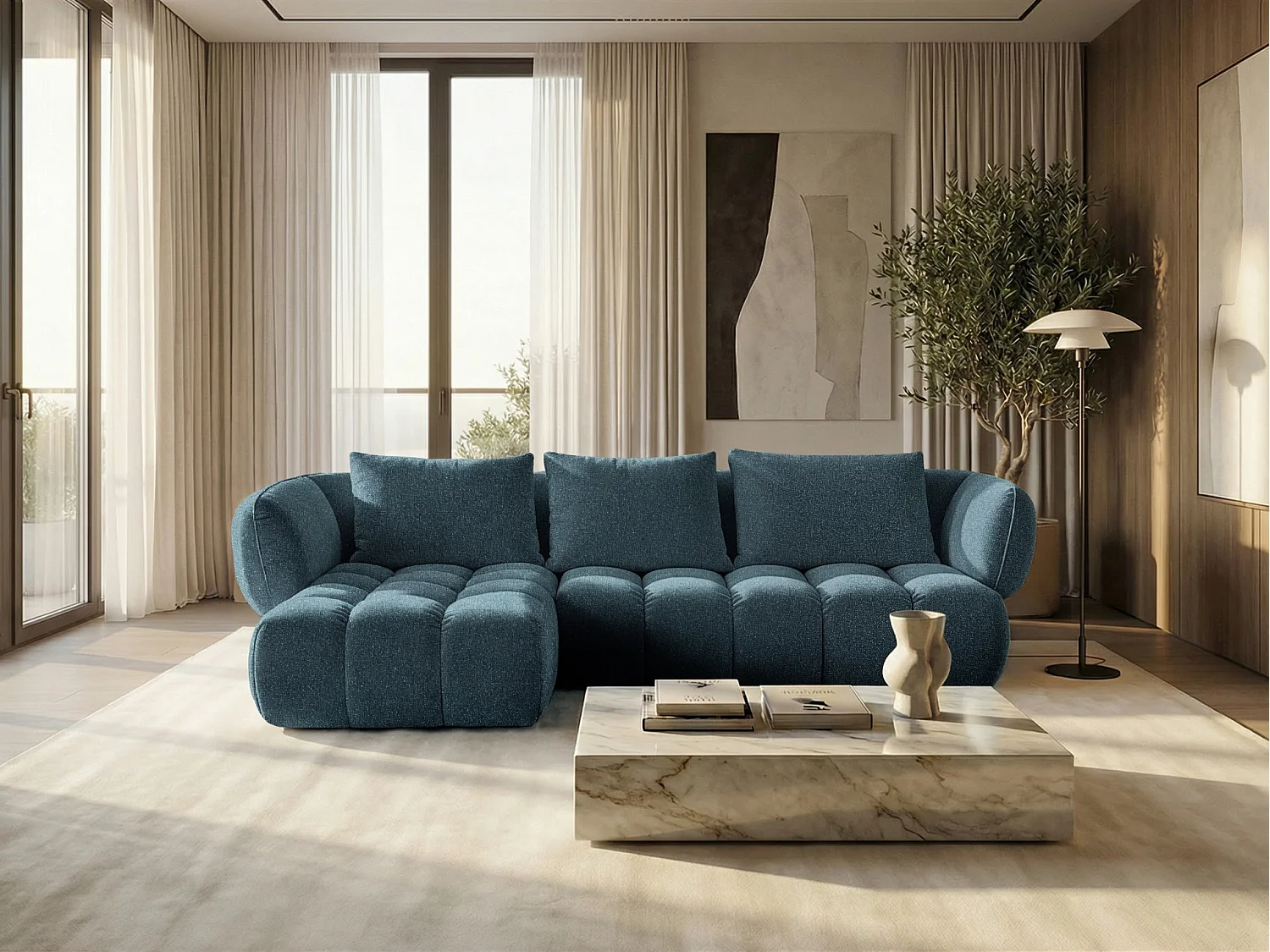 Nowoczesny Narożnik w Błękitnym Aksamicie SAVIO 250 cm - Design Lounge z Pianką o Wysokiej Elastyczności