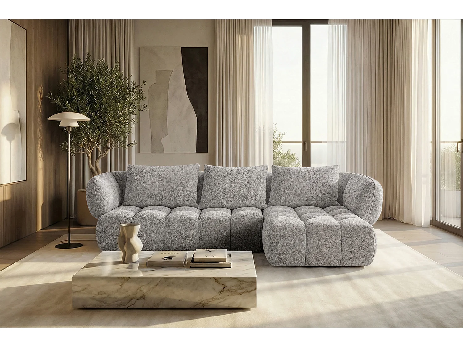 Canapé d'angle droit en tissu bouclé gris clair 250 cm - SAVIO