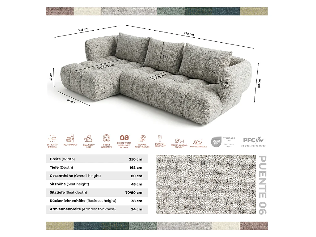 Canapé d'angle droit en tissu bouclé gris clair 250 cm - SAVIO