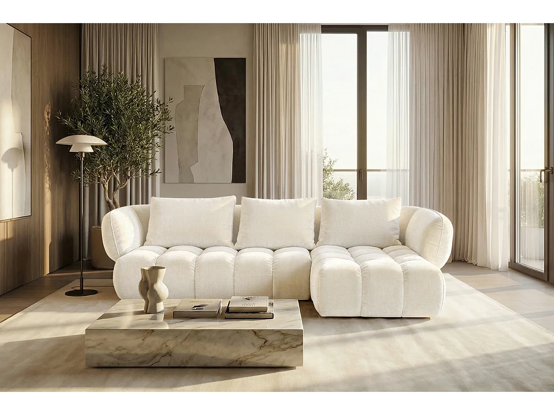 Canapé d'angle droit en tissu bouclé blanc cassé 250 cm - SAVIO