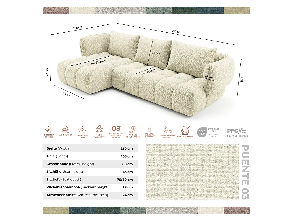 Canapé d'angle droit en tissu bouclé blanc cassé 250 cm - SAVIO