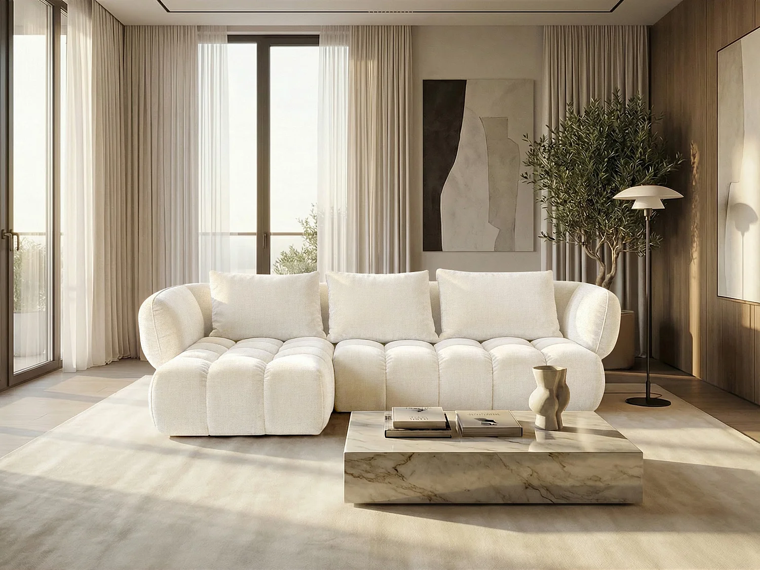 Canapé d'angle gauche en tissu bouclé blanc cassé 250 cm - SAVIO