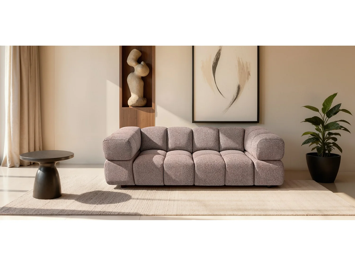 Canapé 3 places capitonné en tissu bouclé rose poudré 240 cm - ALVERO 3S