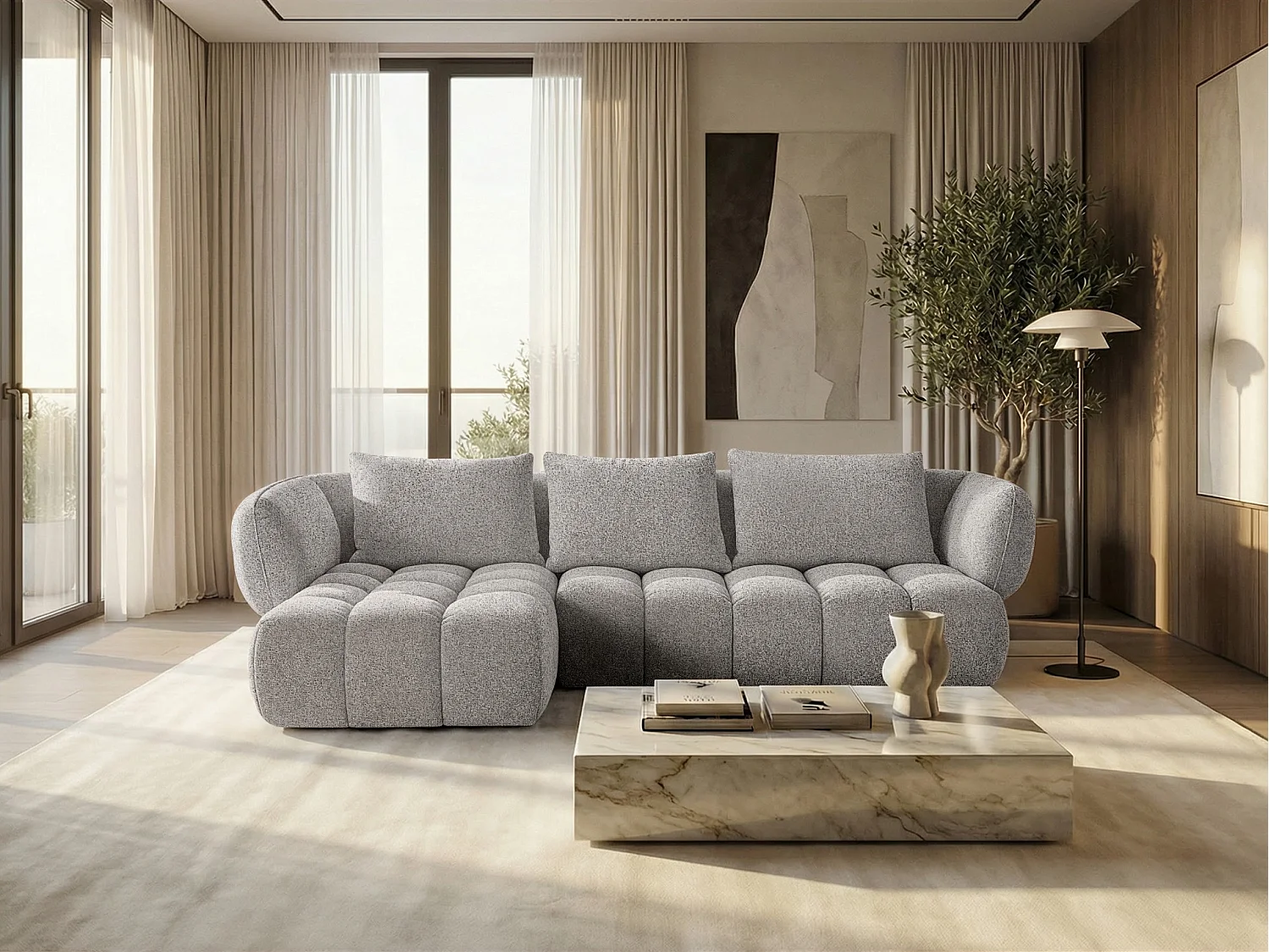 Canapé d'angle gauche en tissu bouclé gris clair 250 cm - SAVIO