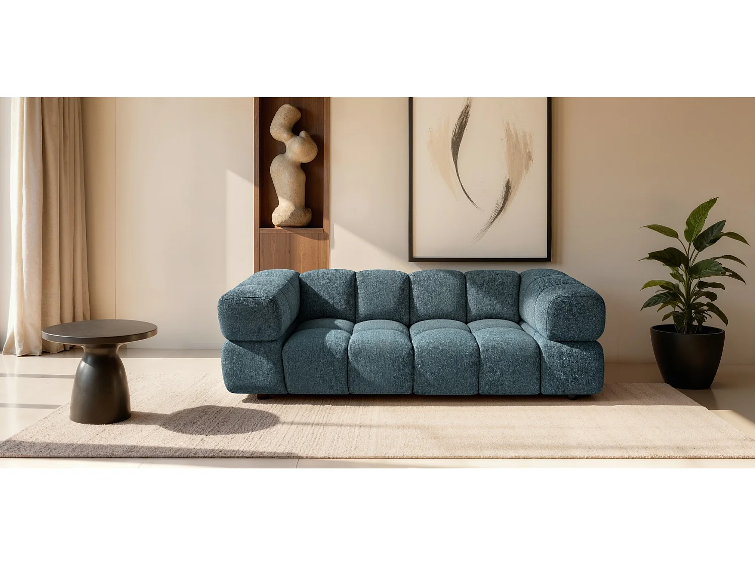 Canapé 3 places capitonné en tissu bouclé bleu canard 240 cm - ALVERO 3S