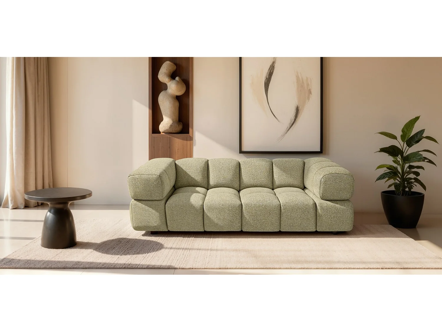 Canapé 3 places capitonné en tissu bouclé jaune moutarde 240 cm - ALVERO 3S