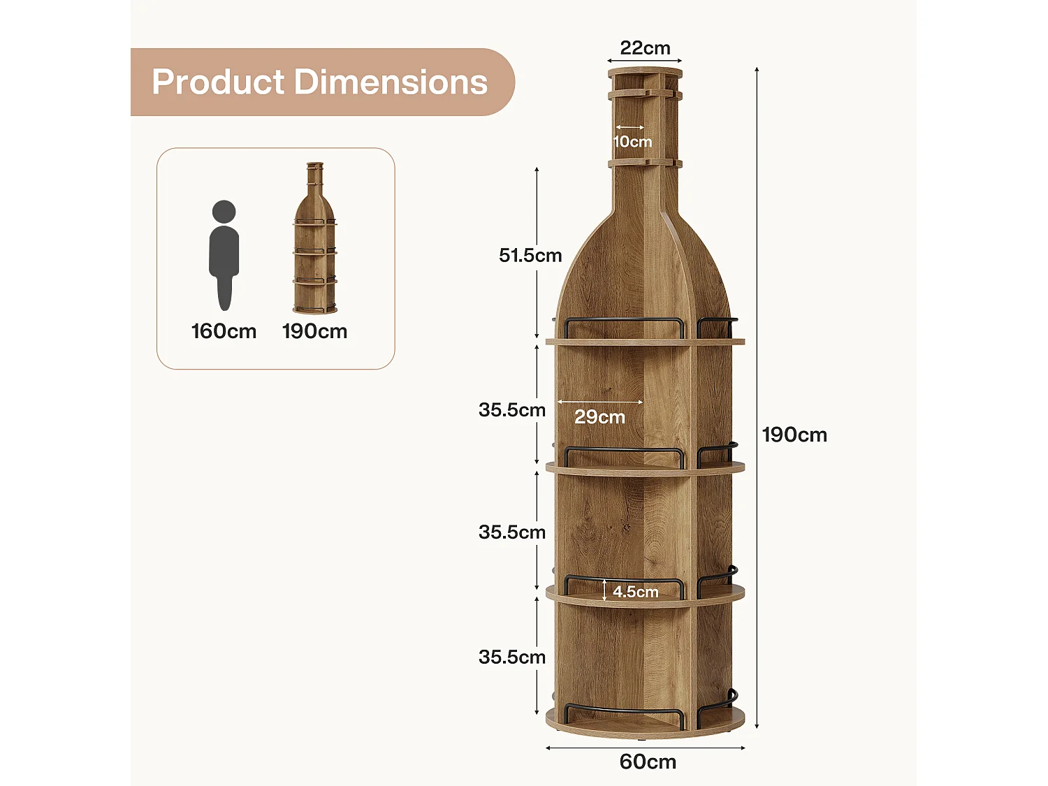 Stojak na wino z półkami, industrialna okrągła szafka na wino z wiszącym uchwytem na kielichy