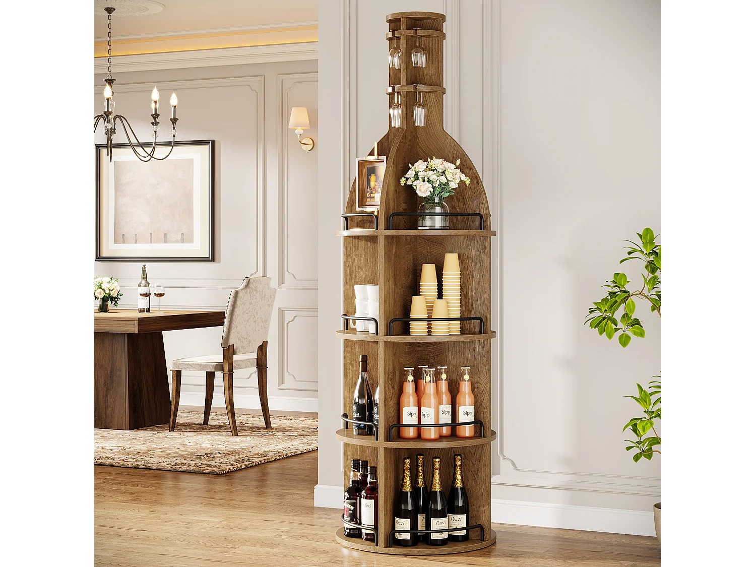 Stojak na wino z półkami, industrialna okrągła szafka na wino z wiszącym uchwytem na kielichy