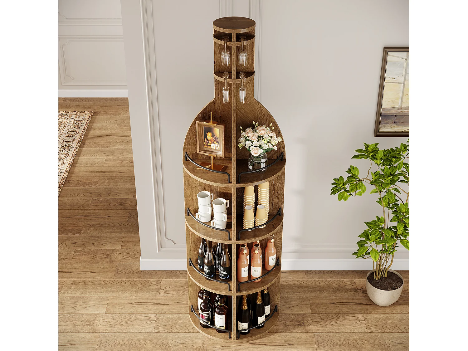 Stojak na wino z półkami, industrialna okrągła szafka na wino z wiszącym uchwytem na kielichy