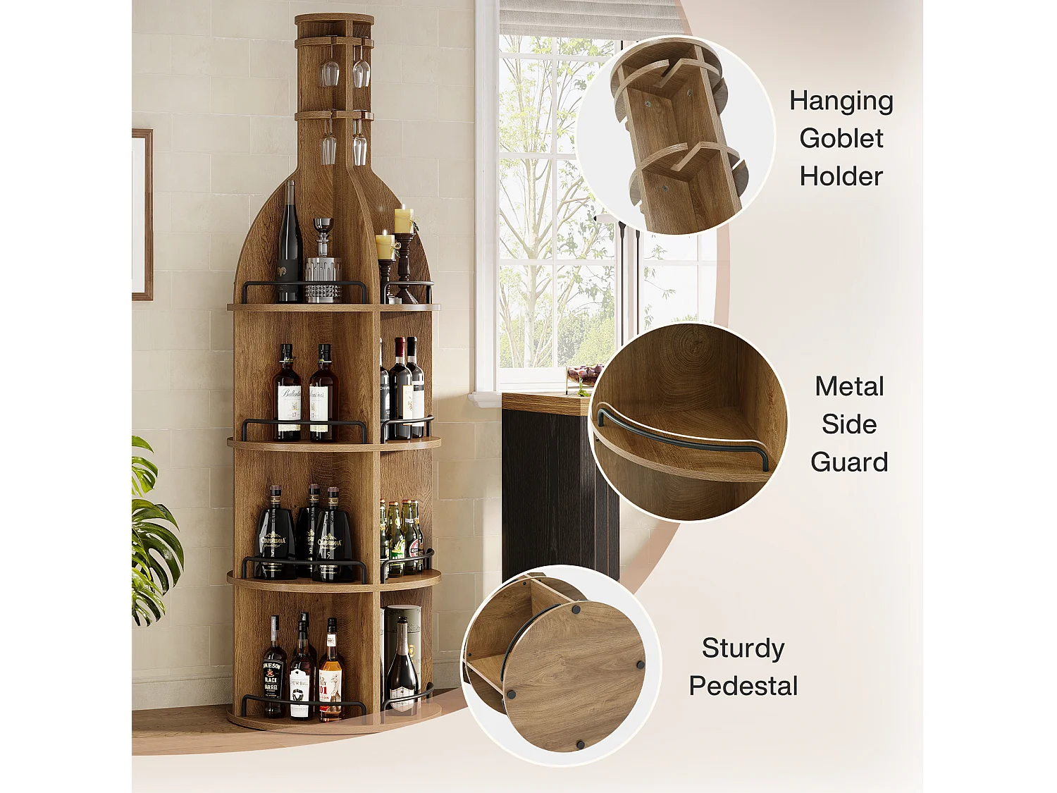Stojak na wino z półkami, industrialna okrągła szafka na wino z wiszącym uchwytem na kielichy