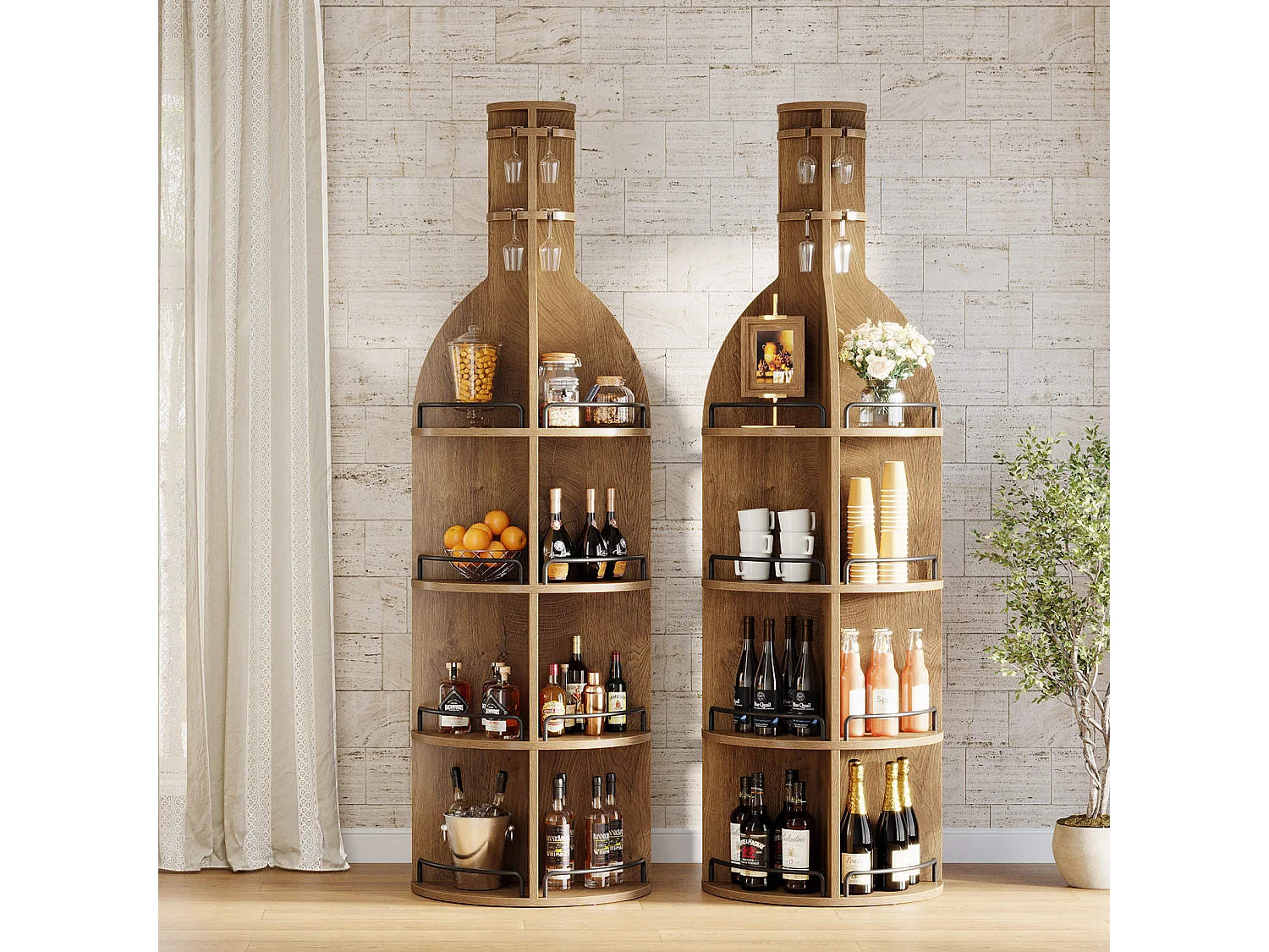 Stojak na wino z półkami, industrialna okrągła szafka na wino z wiszącym uchwytem na kielichy