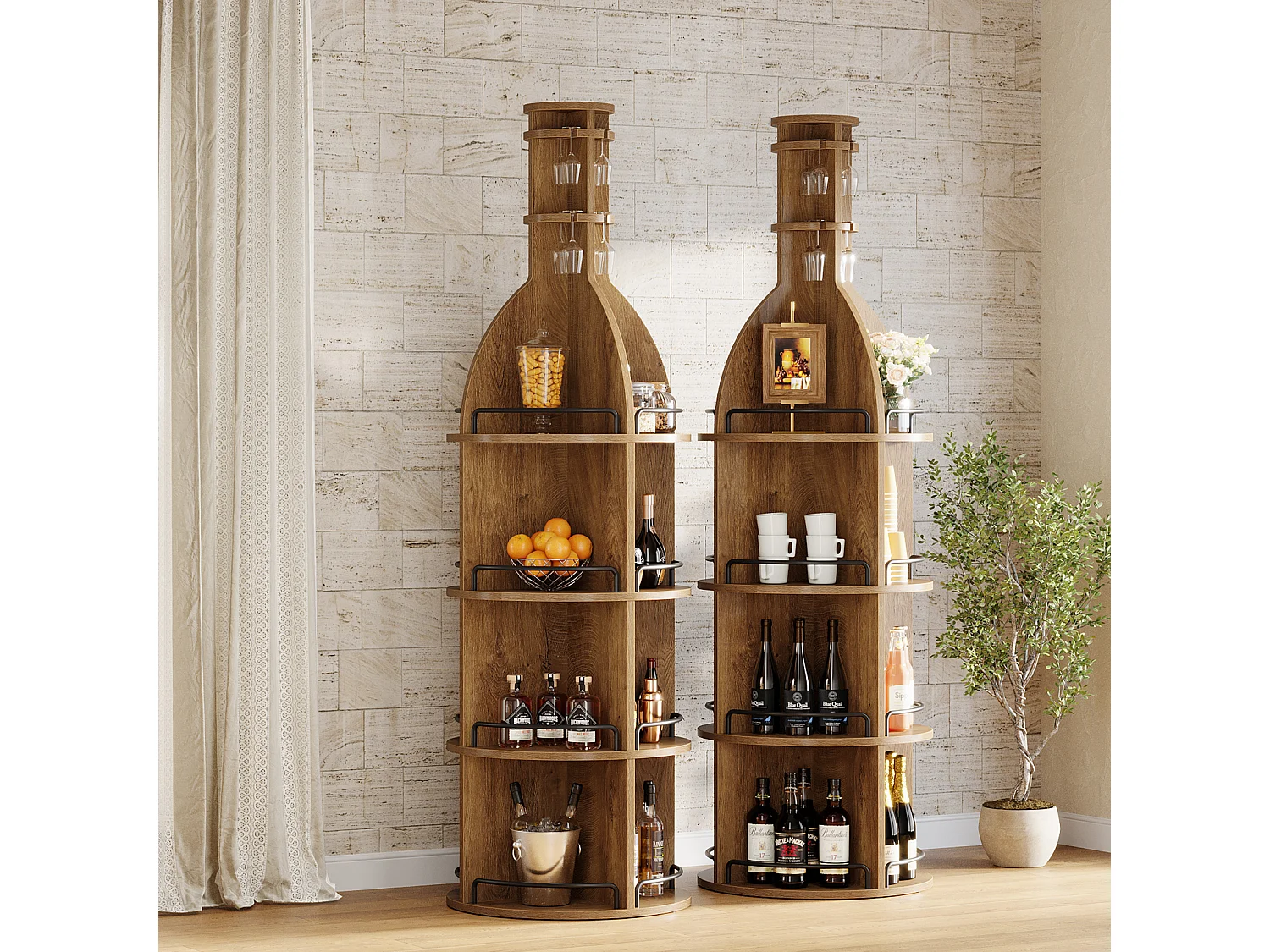 Stojak na wino z półkami, industrialna okrągła szafka na wino z wiszącym uchwytem na kielichy