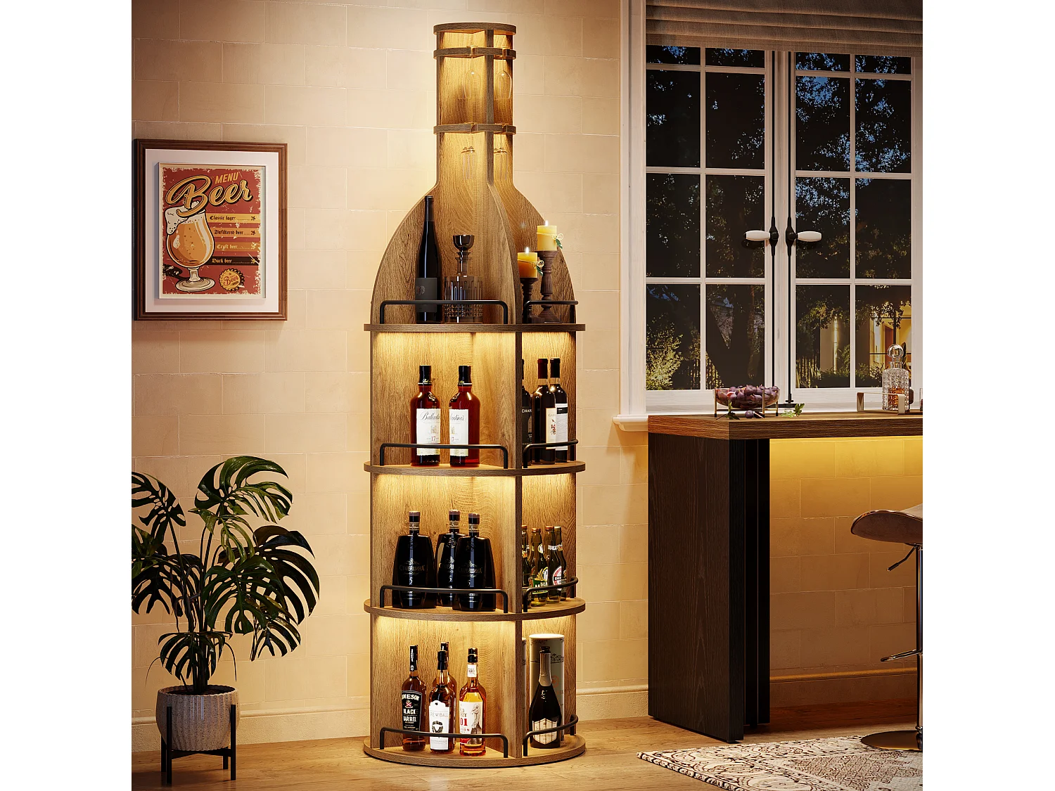 Stojak na wino z półkami, industrialna okrągła szafka na wino z wiszącym uchwytem na kielichy