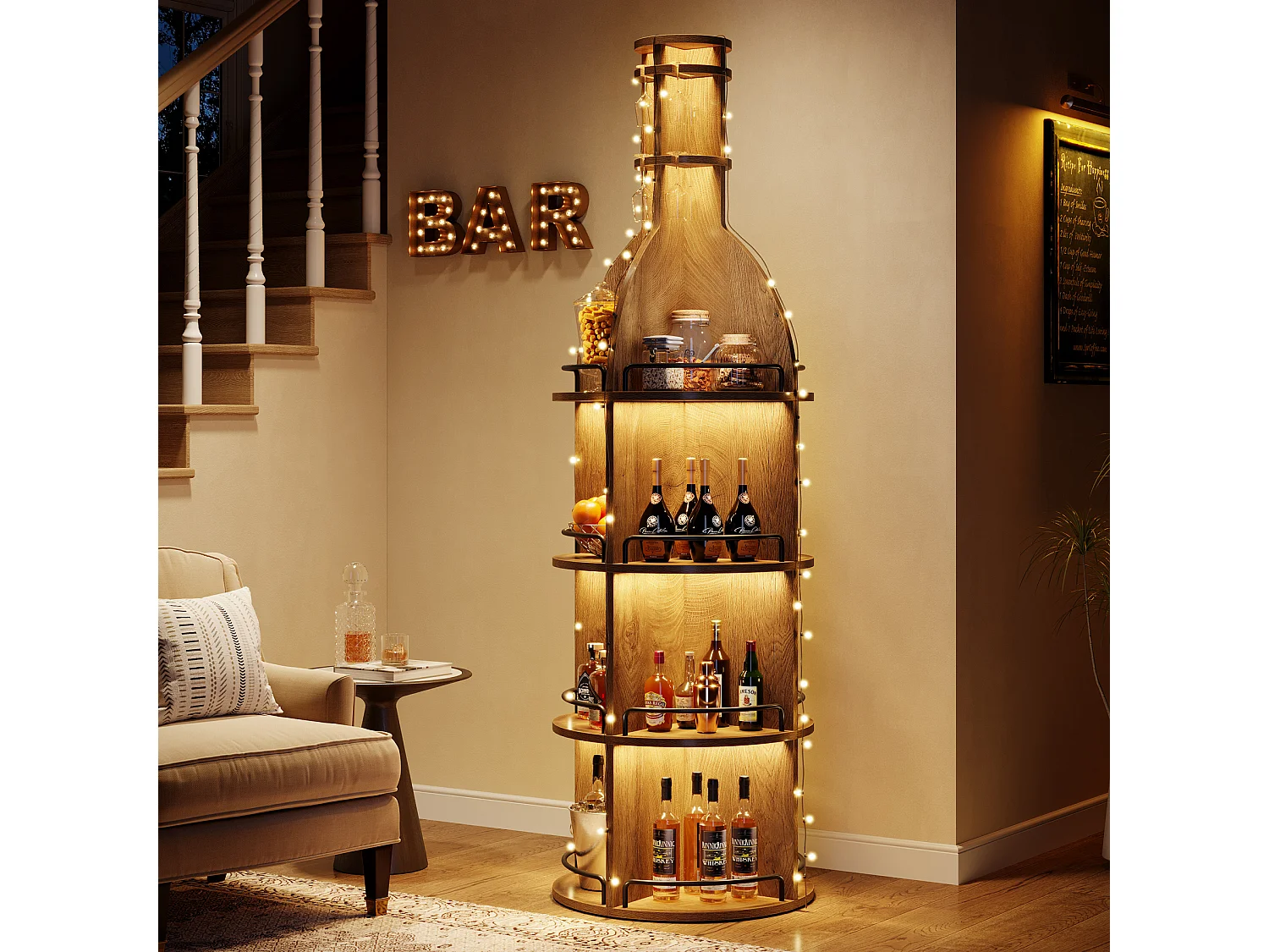 Stojak na wino z półkami, industrialna okrągła szafka na wino z wiszącym uchwytem na kielichy