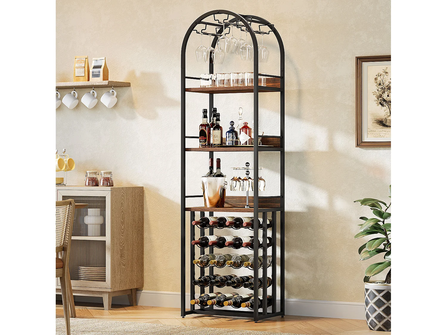 stojak na wino, stojak na butelki, metalowy stojak na wino z uchwytem na kieliszki i miejscem do przechowywania wina w piwnicy, barze