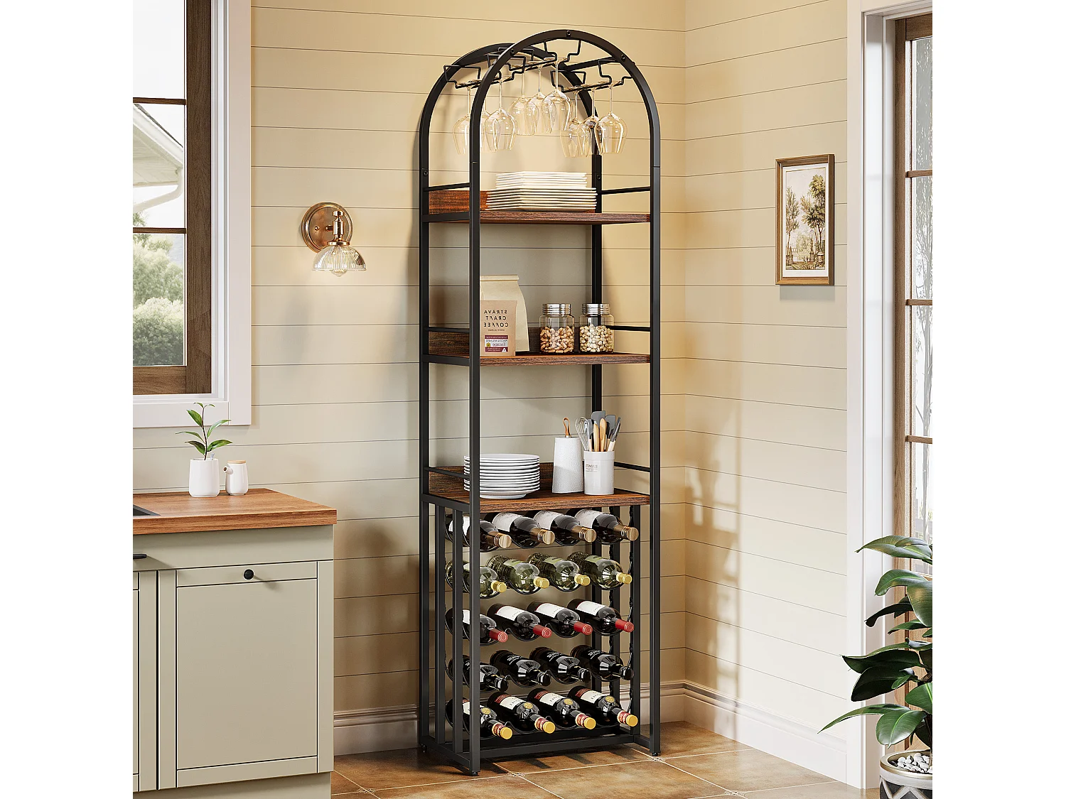 stojak na wino, stojak na butelki, metalowy stojak na wino z uchwytem na kieliszki i miejscem do przechowywania wina w piwnicy, barze